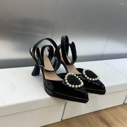 Dress Shoes Woman Pearls Sandals Pointed Toe Genuine Leather Pumps High Heels Slingbacks Luxury Designer Classic Ladies