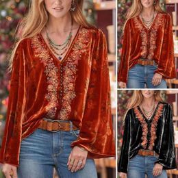 Women's Blouses Floral V-neck Blouse Vintage Flower Embroidery Pullover Soft Casual With Bead Decor Loose Fit Top