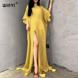 Casual Dresses WINYI Winter Women Africa Boho Covers Knitted Solid Color Sexy High Fork Hollow Floor Long Dress Black Fashion Holiday Kaftan