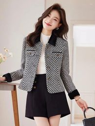 Women's Suits Black White Stripe Small Fragrant Coat Women Spring Autumn 2023 Lapel Collar Single Breasted Tweed Suit Jacket Fashion Thick