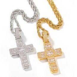 Hip Hop Vintage Jewellery White&Gold Fill Cross Pendant Stainless steel Chain Full Princess Cut White Topaz CZ Diamond Women Men Nec251g