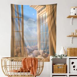 Tapestries Windows Cloud Tapestry Wall Hanging Boho Moon Sky Landscape Illustration Home Room Decor Ins Aesthetic Decoration