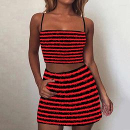 Work Dresses CINESSD 2023 Summer Women's Texture Striped Spaghetti Straps Top Mini Short Skirt Women Sexy Two Piece Suit