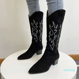 Women Western Cowboy Pointed Women's Shoes Printing Mid Calf Winter y Heel Wedges Knight Botas