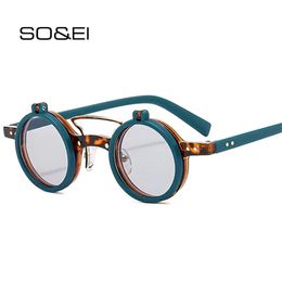 SO&EI Ins Popular Designer sunglasses Small Round Punk Double Bridges Women Sunglasses Retro Flip Lens Shades UV400 Men Rivets Sun Glasses