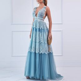 Light Blue Vestidos Prom Dresses V Boho De Boda Sleeveless Puff Sleeves A-Line Party Gowns Neck Lace Appliques Bridal Tulle 328 328