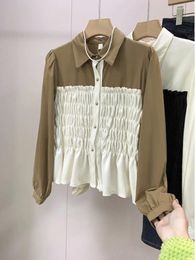 Women's Blouses Vintage Patchwork Blouse Fashion Long-sleeved Elegant Loose Sweet Cute Streetwear Commuter Short Shirt