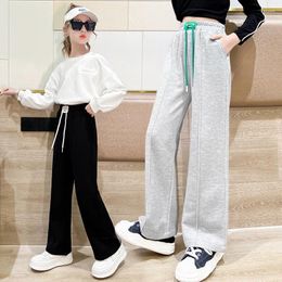 Trousers Kids Casual Pants For Girls Fashion Thick Warm Wide Leg Children's Clothes Elastic Belt Drawstring Sweatpants 4-14 Yrs