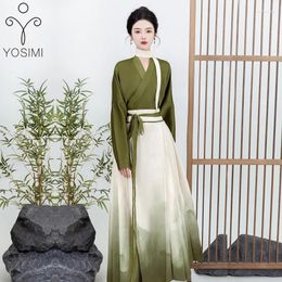 Casual Dresses YOSIMI Chinese Style Army Green 2 Piece Women Set V-neck Long Sleeve Shirt And Patchwork Print Skirt Hanfu Vintage Dress