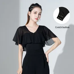 Stage Wear 2023 Women Ballroom Costume Black Sexy Conjoined Crotch Top Chest Ruffled Sleeves Female Latin Dance High Quality Clothes