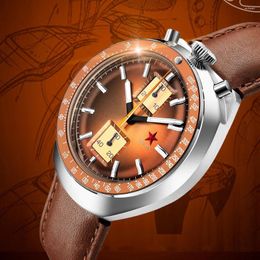 Wristwatches 42mm Red Star Brown BullHead Chronograph Men's Mechanical Watches ST1901 Movement 3D Bubble Mirror Super Luminous