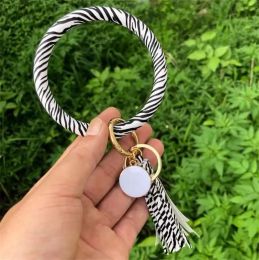 Fashion Designs Sun Flower Pattern key chain Leather Wrap Tassels Bracelets Keychain Wristlet Bracelet Tassel Round Bangle KeyRing