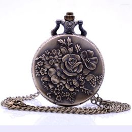 Pocket Watches Fast Item Bronze Rose Quartz Watch Vintage Pendant Necklace Chain Mens Womens Gift Relogio De Bolso