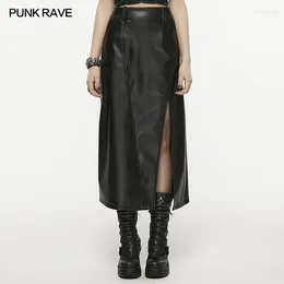 Skirts PUNK RAVE Women's A-line High Waist Split Faux Leather Skirt Daily Fashion Concise Female Black Asymmetrical Long