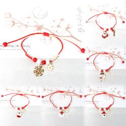 Christmas Theme Braided Rope Bracelet Santa Claus Snowman Pendant Bracelet Women Girls Party Fashion Jewelry Gifts Adjustable