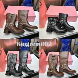 Designer Boots Women Biker Knee Boot Ankle Bootss Y2k Style Brown Leather Boots Cowgirl Boots Round Toe Martin Boots Moto Buckle Biker Harness Booties