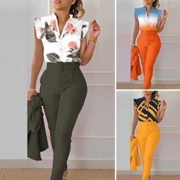 Women's Two Piece Pants 2Pcs/Set Summer Outfits V-neck Button Down High Waist Ruffled Sleeves Printing Daily Wear Matching Belt Office Lady