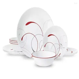 Dinnerware Sets White And Red Round 12-Piece Set Wooden Bowl Cucharas Acero Inoxidable Stainless Steel Table Chopstick Spoon