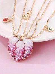 Pendant Necklaces 3PCS/Set Pink Sequin Stitching Heart Broken Friends Necklace Chain BFF Friendship Jewellery Gifts For Kids