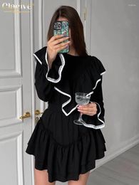 Casual Dresses Clacive Fashion Loose Black Office Mini Dress Ladies Elegant Spliced O-Neck Long Sleeve High Waist Ruffle For Women 2023