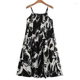 Plus Size Dresses Women Oversized Curve Clothes Medium Length Printed Ink Chiffon Spaghetti Strap One-Piece Summer 2023