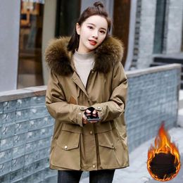 Women's Down Women 2023 Short Cotton Liner Parka Winter Solid Colour Big Pocket Jacket With Fur Collar Ladies Casual Hooded Coat H55