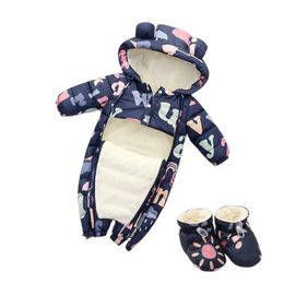 Rompers Autumn Winter Baby Jumpsuit Cartoon Printed Hooded Plus Velvet Baby Boy Snowsuit 0-2 Years born Todder Overalls Infant Romper 231020