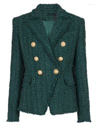 Women's Suits HIGH STREET Est Fall Winter 2023 Designer Jacket Lion Buttons Double Breasted Slim Fit Fringed Tweed Blazer