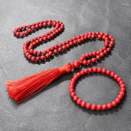 Pendant Necklaces 6mm Red Howlit 108 Beaded Necklace & Bracelet For Women Men Natural Handmade Bohemian Blessing Tassels Jewelry Yoga Gift