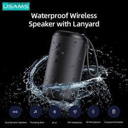 Cell Phone Speakers USAMS Portable Outdoor IPX7 Waterproof Wireless Bluetooth Speakers With Lanyard Outdoor Loudspeaker Music Surround Bass Box Mic Q231021