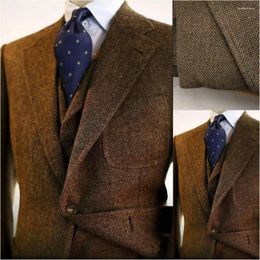 Men's Suits Brown Wool Blend Herringbone Men Wedding Blazers Business Groom Tuxedo Tweed Slim Fit Wear Costume Homme 3 Pcs