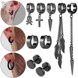 Hoop Earrings ZS 5-9pcs lot Black Colour Punk Round Stainless Steel Cross Dangle Earring For Men Women Gothic Tassel Kpop2841
