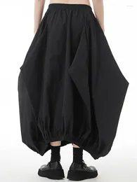 Skirts High Elastic Waist Black Irregular Pleated Casual Long Half-body Skirt Women Fashion Tide Spring Autumn O214