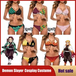 Cosplay Anime Demon Slayer Cosplay Costumes Sexy Bikini Summer Girl Role-play Set Bra Tie Side G-string Thong Triangle Beach Swimsuit