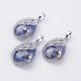 Pendant Necklaces 1pcs Teardrop Natural Stone Pendants With Alloy Peacock Charms For Jewellery Making Accessories 33x20x10.5mm