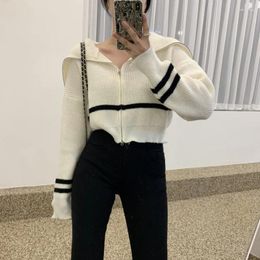 Women's Knits Chic Retro Black And White Striped Navy Collar Double Head Zipper Turtleneck Knit Sweater Cardigan Coat Autumn
