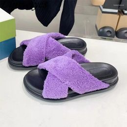 Slippers Flat Women Cross Strap Slides Towel Cloth Furry Runway Shoes Woman Street Style Thick Sole