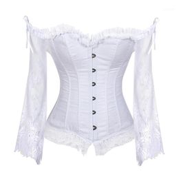 Bridal Corset Tops for Women with Sleeves Style Victorian Retro Burlesque Lace Corset and Bustiers Wedding Vest Fashion White261d