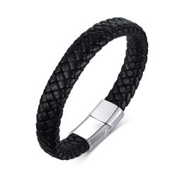 Stainless Steel Black Leather Bracelet Bangle for Women Men 12mm 9inch