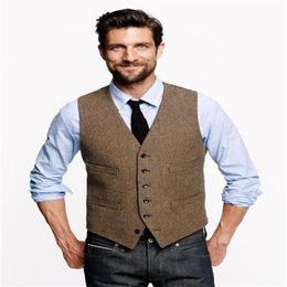 Men's Vests 2021 Brown Wool Herringbone Groom Vest Formal Groom's Wear Suit For Wedding Waistcoat Plus Size260E