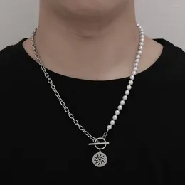 Chains Double Colour Chain Stainless Steel Round Coin Hollow White Necklace For Man Sun Pearl Style Punk Choker Unisex Jewellery