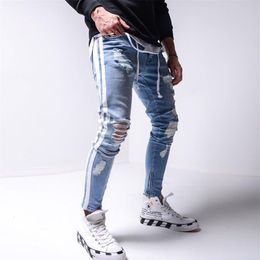 Men's Jeans Ripped Pencil Pants Men Skinny Denim Biker Side Striped Destroyed Hole Hip Hop Slim Fit Man Scratched Jean Hombre2203