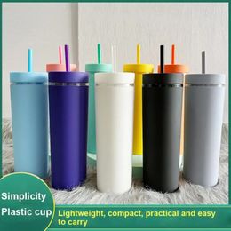 Mugs 500ml Double-layer Straws Cup With Lid Matte Candy Color Mug Plastic Coffee Drinking Tumblers Reusable Drinkware Christmas Gifts 231020