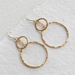 Dangle Earrings Real 14K Gold Filled Double Circle Hammered Jewelry Oorbellen Boho Brincos Vintage Pendientes Women Drop