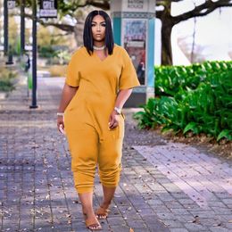 2021 Plus Size S-5xl Jumpsuit Women Overalls One Piece Outfits V Neck Short Sleeves Summer Casual Streetwear Drop236i