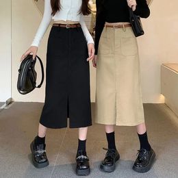 Skirts Lucyever Korean Slim Fit Long Skirt Women Fashion with Belt High Waist Split Straight Woman AllMatch Pockets Midi 231019
