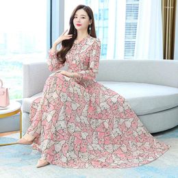 Ethnic Clothing Muslim Women's Long-sleeve Dress 2023 Summer Floral Chiffon Long Evening Party Maxi Dresses Modest For Women
