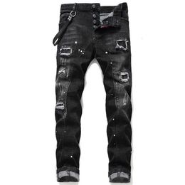 Designer Ripped Jeans For Men 2023 Streetwear Letter Black Jeans Pants Gothic Punk Stretchable Hip Hop Dance Trousers Y23241G