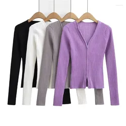 Women's Knits Temperament V-neck Double Zipper Long Sleeve Knitted Small Cardigan Slim Short Crop Bottom Top For Women