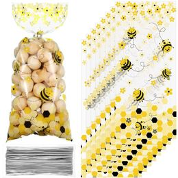 Gift Wrap 100pcs Bee Candy Bags Yellow Honey Transparent Plastic With Silver Twist Ties For Kids Birthday